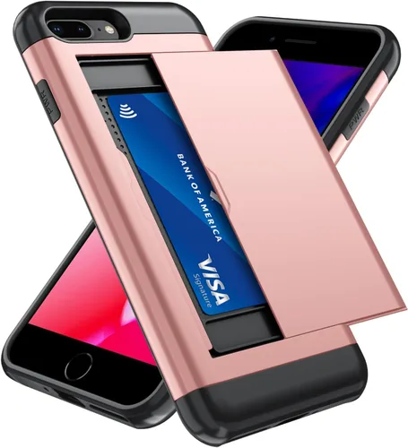 Vista 45 de Qinmay Funda compatible con iPhone 7 Plus/8 Plus con tarjetero, doble capa a prueba de golpes, funda protectora resistente con ranura oculta Negro