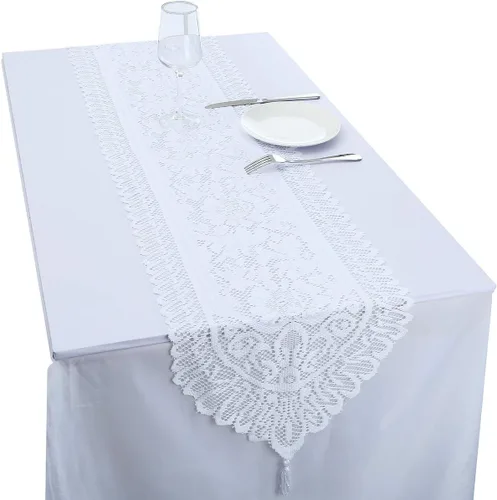 Vista 17 de rockcloud Camino de mesa de encaje para decoración de banquetes de boda, decoración de mesa de fiesta de Navidad, blanco, 13 x 70 pulgadas White E
