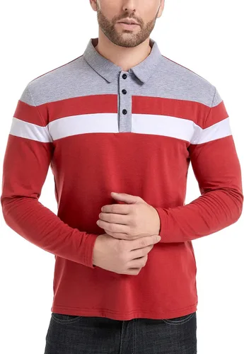 Vista 3 de NAVEKULL Camisas polo de manga larga para hombre, camisa casual de algodón, ajustada, camisa con cuello de retazos