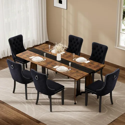 Vista 41 de Juego de mesa de comedor de 5 piezas con 4 sillas, mesa de comedor rectangular de madera de 71 pulgadas con sillas de comedor de terciopelo, tablero