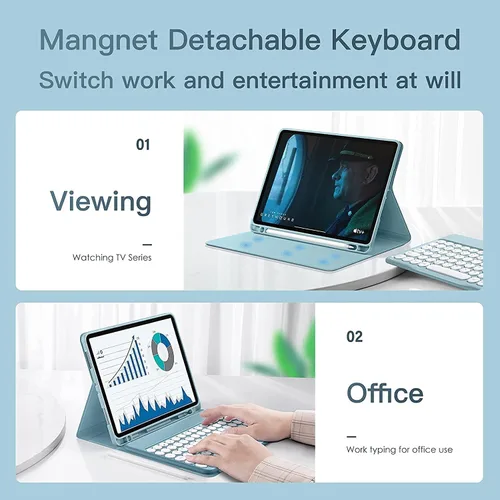 Vista 5 de Funda de teclado con mouse para Galaxy Tab S10 Plus/S9 FE Plus/S9 Plus 12.4" Slim Candy Color Round Key Magnetic Detachable Wireless Bluetooth