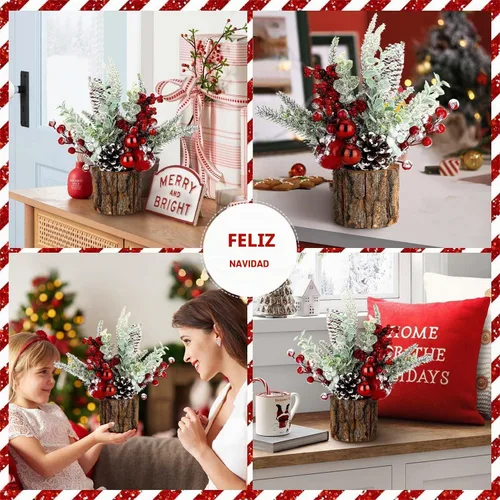 Vista 5 de Pequeño árbol de Navidad de mesa artificial, mini decoraciones de árbol de Navidad con adornos navideños, bayas rojas, piñas, vegetación para hogar