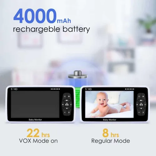 Vista 8 de Babystar Monitor de bebé con cámara y audio, resolución HD 720P, pantalla de 5 pulgadas, 4000 mAh hasta 22 horas de batería, zoom panorámico remoto