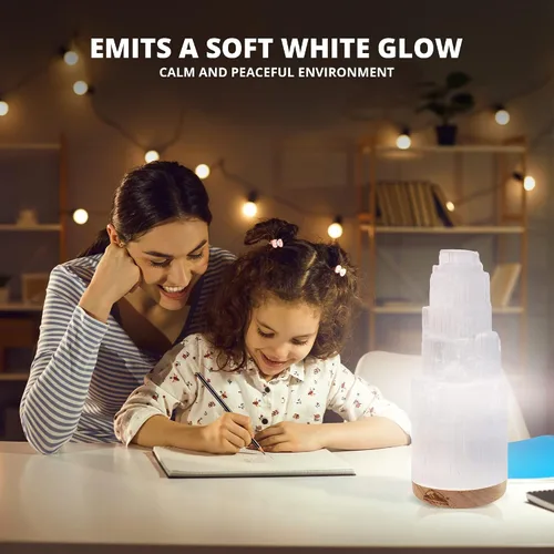 Vista 3 de Himalayan Glow Lámpara de cristal selenita de 7.9 in, grande, curvada a mano, con base de madera (certificado ETL) y cable de carga USB
