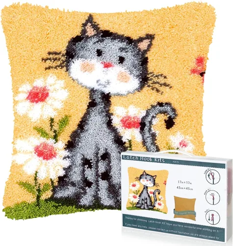 Vista 11 de EsLuker.ly Kit de Alfombra de Ganchillo de Pestillo DIY Alfombra de Crochet para Principiantes, Patrones de Gatos Lienzo Preimpreso Kits de Gatos