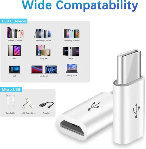 Vista 5 de Adaptador micro USB a USB C, paquete de 2 adaptadores Micro-USB hembra a USB-C macho OTG compatibles con Samsung Galaxy, LG, Huawei, teléfonos tipo
