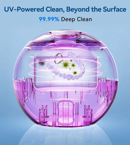 Vista 4 de Limpiador ultrasónico de retenedores, máquina limpiadora de retenedores de 45kHz con temporizador digital y 4 modos, cápsula de limpieza dental