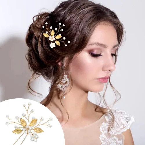 Vista 3 de inSowni Paquete de 12 horquillas doradas decorativas para bodas, fiestas de graduación, con hojas de flores, perlas, adornos para tocados de novia