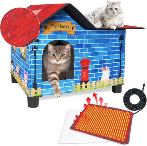 Vista 9 de Casa grande con calefacción para gatos para exteriores, casa elevada para gatos climatizada al aire libre, resistente a la intemperie, refugio