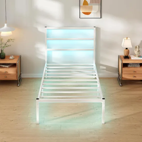 Vista 4 de CLIBFENG Base de cama individual con cabecero, soporte de listones de acero resistente, marco de cama LED con estación de carga USB, base de colchón