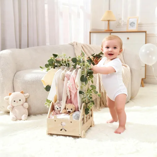 Vista 8 de Armario de madera para baby shower con ruedas empujables, cesta de baby shower personalizada, regalo de bienvenida para niños recién nacidos