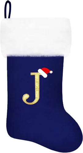 Vista 93 de Calcetines de Navidad bordados de 20 pulgadas con monograma, terciopelo negro con puño de felpa blanca supersuave, adornos clásicos para decoración