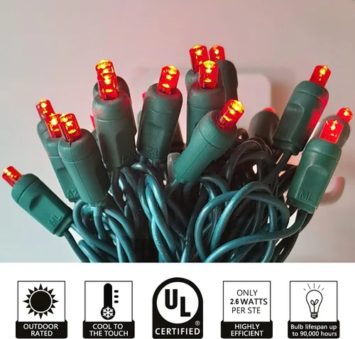 Vista 3 de Luces de Navidad de 50 LED rojas, 5.2 metros de mini luces LED de cadena, 120 V, con cable verde, luces navideñas para uso en interiores y Rojo