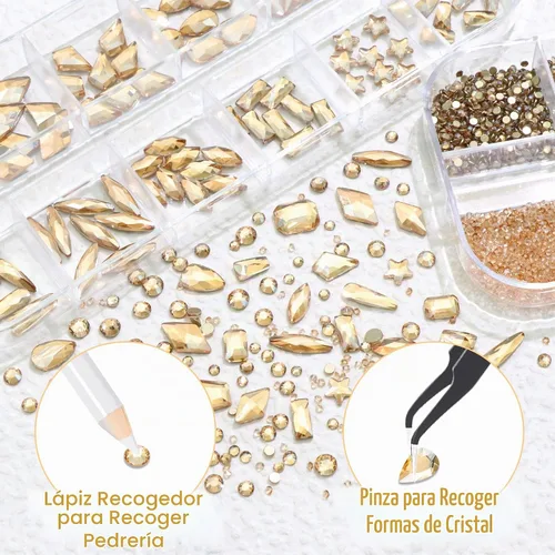 Vista 4 de 3520 diamantes de imitación de uñas color dorado champán para uñas, multiformas con parte trasera plana, diamantes de imitación redondos