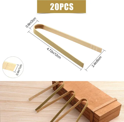 Vista 2 de LUTER 20 pinzas de madera de 4.72 pulgadas, utensilios de cocina desechables, mini pinzas de bambú naturales para pan y té, cocina