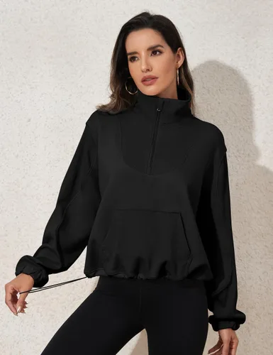 Vista 4 de kayamiya Sudadera corta con cremallera y cuello alto y cordón ajustable para mujer, con bolsillos