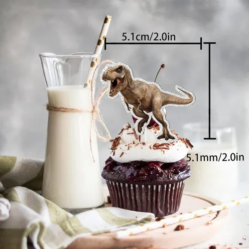 Vista 2 de Decoración para cupcakes de postre de dinosaurio Rex con brillantina, rugido, dinosaurio, safari, selva, temática de animales, decoración para niñas