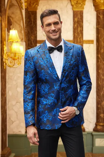 Vista 3 de COOFANDY Chaqueta de esmoquin floral para hombre, chaqueta de traje con bordado de rosas, para boda, baile de graduación, cena y fiesta