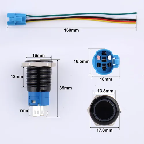 Vista 2 de 2 piezas de interruptor de botón de presión momentáneo de 16 mm 12V-24V LED de anillo 1NO 1NC impermeable (ON)-Apagado Cáscara de botón de metal