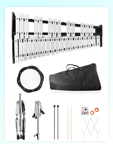 Vista 8 de Mr.Power Kit de campana Glockenspiel de 32 notas con almohadilla de práctica de 8 pulgadas, soporte de altura ajustable, clip de partitura musical