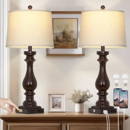 Vista 14 de Cinkeda Juego de 2 lámparas de mesa de 29 pulgadas de alto para sala de estar, lámparas vintage para mesita de noche con puertos USB C+A y salida
