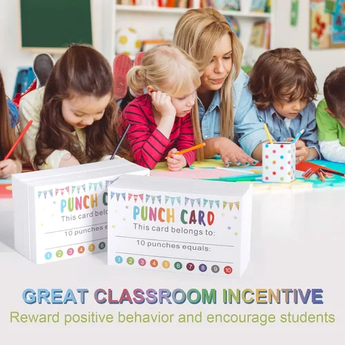 Vista 2 de Tarjetas de perforación, paquete de 200 tarjetas de recompensa con perforador, premio de incentivo de comportamiento para niños, tarjetas de lealtad