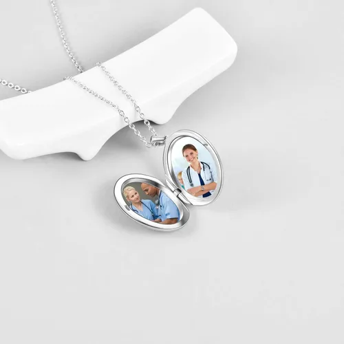 Vista 2 de POPKIMI Regalos para enfermera, médico, caduceo, estetoscopio, collar con medallón que sostiene fotos, médico, medicina de enfermería, joyería