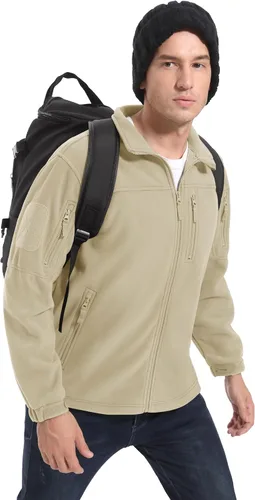 Vista 7 de CRYSULLY Chaqueta de forro polar táctica con cremallera completa para hombre, abrigo de invierno con múltiples bolsillos