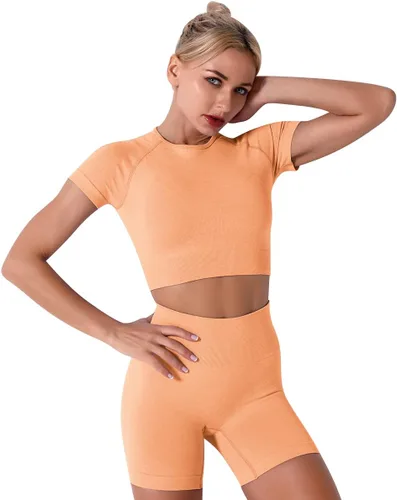 Vista 2 de Conjuntos de 2 piezas sin costuras para yoga y entrenamiento - con ombliguera de manga corta y pantalones cortos de tiro alto para correr