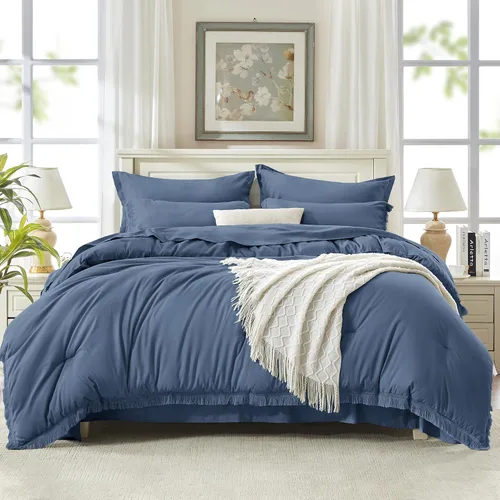 Vista 16 de Andency Juego de ropa de cama con edredón tamaño matrimonial beige con sábanas - 7 piezas, estilo bohemio con borlas, ropa de cama ligera en una 01