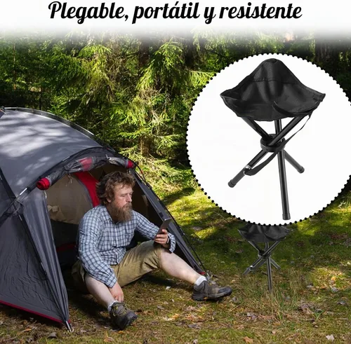 Vista 6 de Taburete plegable portátil para acampar, asiento de trípode para viajes al aire libre, sillas de camping plegables negras para camping, fiesta Negro