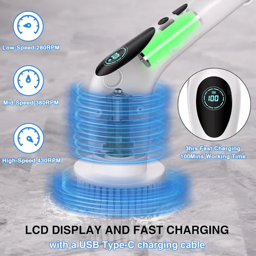 Vista 3 de Depurador eléctrico giratorio, limpiador eléctrico inalámbrico para bañera y azulejos con transmisión de voz de 3 velocidades 9 cabezales limpios