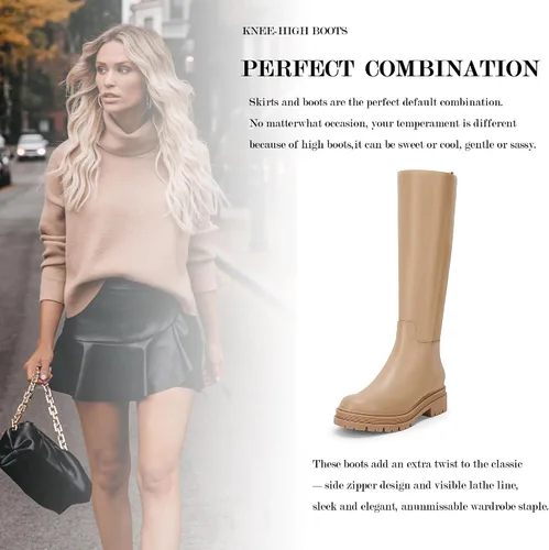 Vista 4 de Botas de plataforma hasta la rodilla para mujer, tacón grueso, cremallera lateral, botas de otoño e invierno