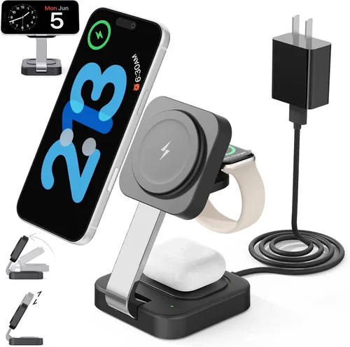 Vista 4 de Estación de carga rápida magnética inalámbrica 2025, cargador magnético 3 en 1 con teléfono i 17, 16, 15, 14, 13, 12 Pro Max, serie Apple Watch