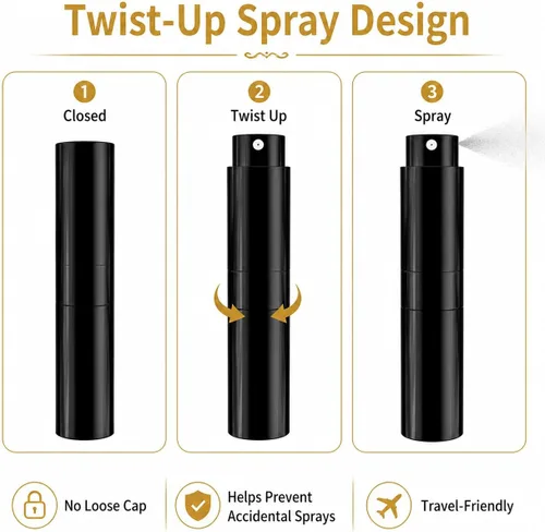 Vista 5 de Botella de perfume recargable de viaje, 3 botellas de atomizador de perfume portátiles de 0.3 onzas líquidas para bolsa, botella de spray con parte