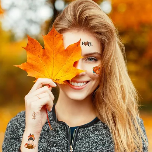 Vista 7 de 65 piezas de tatuajes temporales de otoño para niños, 12 hojas de cosecha de otoño, Acción de Gracias, calcomanías temporales de tatuaje