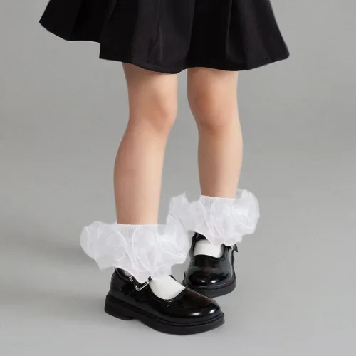 Vista 7 de Calcetines de doble volantes para niñas pequeñas, con ribete de encaje con volantes, color blanco, con tutú, 3 pares