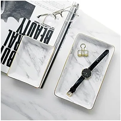Vista 5 de SOCOSY Plato de cerámica de mármol para anillos de joyería, bandeja organizadora de joyas con bordes dorados, decoración del hogar, regalo de boda