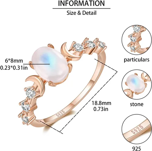 Vista 6 de Anillo de plata de ley con piedra lunar auténtica, anillo de fase lunar ovalada, circonita cúbica, anillo minimalista para mujeres y niñas con caja