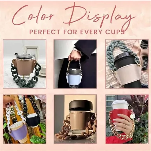 Vista 5 de Soporte de cuero de lujo para bebidas con mango de bebidas, soporte reutilizable para tazas de café de viaje, soporte de taza de cadena de metal