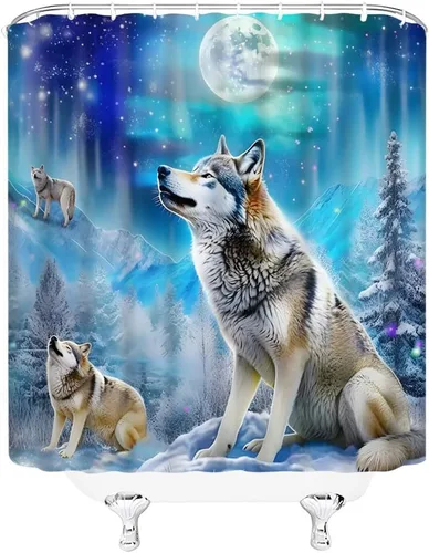 Vista 6 de Cortina de ducha con diseño de lobo, nieve, invierno, bosque, montaña, luna llena, vida silvestre, animales, decoración de baño, cortinas de tela
