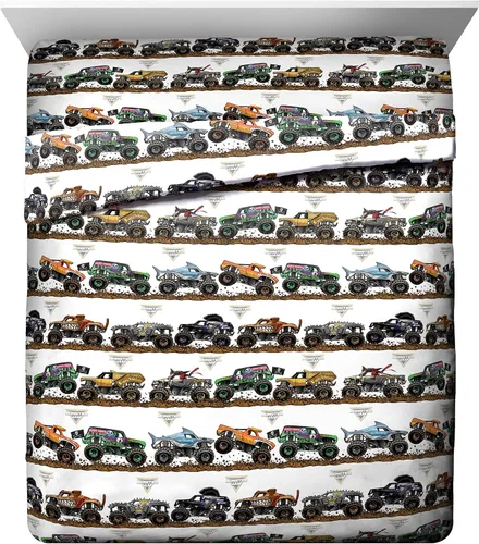 Vista 4 de Jay franco Juego de ropa de cama Queen de 5 piezas de Monster Jam Tracks incluye edredón y sábanas con Grave Digger y Megalodon de microfibra suave