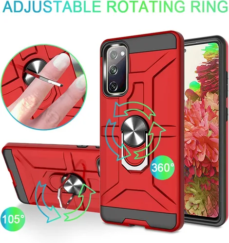 Vista 2 de Funda para Galaxy S20 Fe, de doble capa, a prueba de golpes, con soporte de anillo giratorio de 360°, adecuada para Samsung Galaxy S20 Fe (rojo)