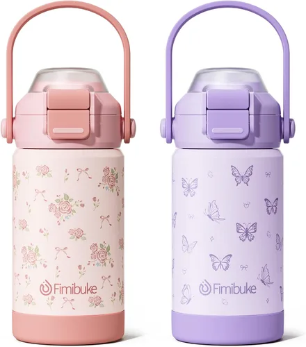 Vista 17 de Botella de agua aislada para niños con pop-open pajita y pico 2-en-1, botella de agua aislada de 14 onzas para niños, botella de acero inoxidable