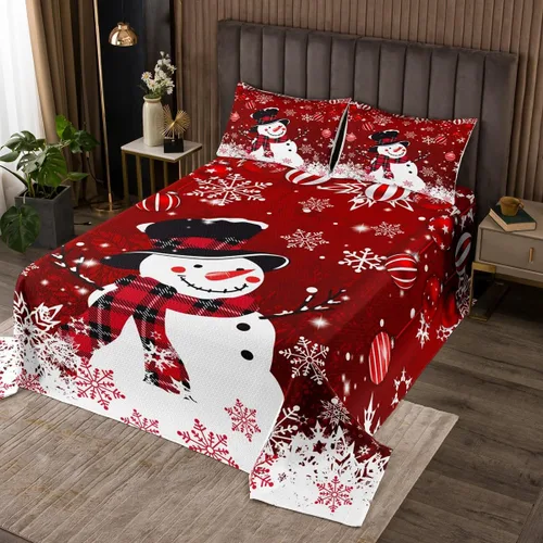 Vista 6 de Manfei Colcha de muñeco de nieve de Navidad, tamaño King, colcha acolchada con 2 fundas de almohada, juego de colcha rosa de Navidad de 3 piezas