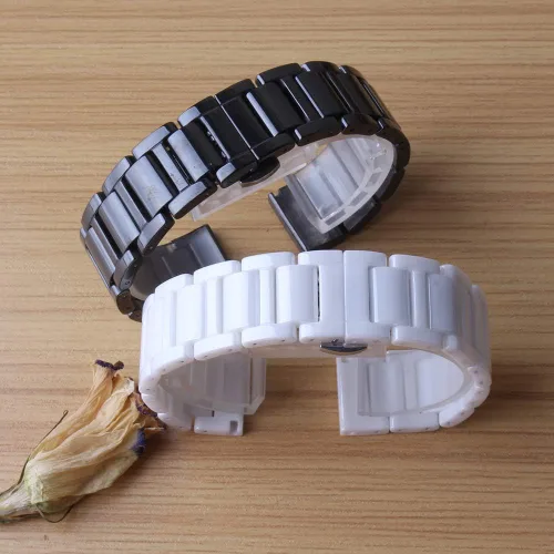 Vista 8 de Correa de cerámica negra pura de 0.551in 0.630in 0.709in 0.787in para señora mens relojes reloj pulido elegante metal mariposa hebilla
