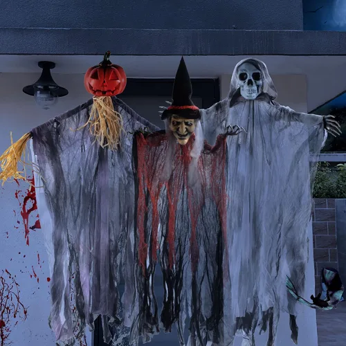 Vista 8 de JOYIN Paquete de 3 fantasmas colgantes de 35 pulgadas, decoración de calabaza para colgar de Halloween, decoración de Halloween al aire libre