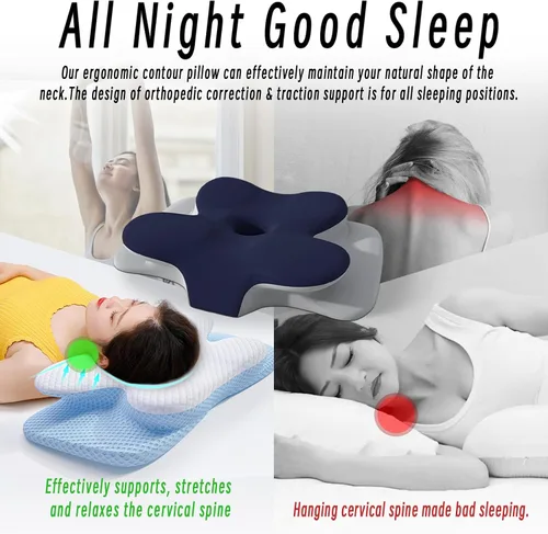 Vista 4 de Almohada cervical para cuello y hombro, almohadas ergonómicas de espuma viscoelástica para dormir con funda de almohada lavable, almohada Azul Oscuro