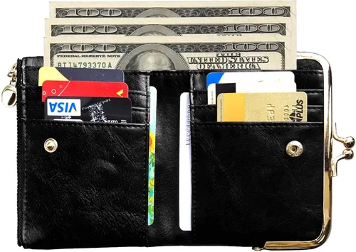 Vista 2 de Cartera para mujer pequeña plegable Rfid Mini monedero vintage con cremallera y cierre de beso (negro)
