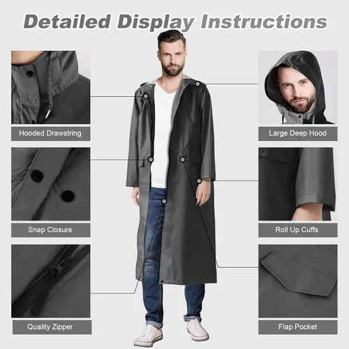 Vista 4 de LAMA Impermeable largo con capucha para mujer, impermeable de longitud completa con bolsillo y cremallera, ropa impermeable plegable, impermeable